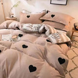Yeknu - Korean Style Bedding Set Twin Queen Size Cute Cream Cherry Duvet Cover Flat Sheet Pillowcase Polyester Boys Girls Bed Linen