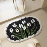 Yeknu Oval Tufting Tulip Bathmat Soft Black White Bathroom Door Mat Fluffy Rug Bedroom Foot Carpet Floor Safety Pad Home Room Decor