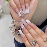 Yeknu 24Pcs Wearable Fake Nail with Flower Design Long Coffin False Nails French Ballet Press on Nails Simple Full Cover Nail Tips