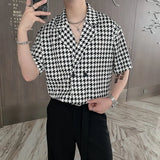 Yeknu New Plaid Houndstooth Print Shirt for Men Double-breasted Half Sleeved Cuban Collar Trend Loose Drape Casual Shirts Men