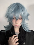 Yeknu 16Inch Haze Blue Color Handsome Synthetic Wig With Bang Medium Natural Wavy Hair Wig for Man or Women Cosplay Heat Resistant