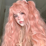 Yeknu Synthetic Long Wavy Curly Pink Wig with Bangs Lolita Cosplay Women Fluffy Hair Heat Resistant Wig for Daily Party