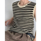 Yeknu Korean Clothes Sleeveless Knitted Sweater Vest Male Striped Hollow Summer Loose Casual Harajuku Niche Design Pullover Men's Vest