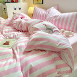 Yeknu Korean Bedding Set INS Girls Striped  Soft Washed Cotton Bed Sheet Set Queen King Size Comforter Set Pillowcase Bed Linens