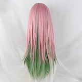 Yeknu Synthetic Long Straight Ombre Pink Green Blend Layered Wig with Bangs Lolita Cosplay Women Hair Wig for Daily Party