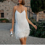 Yeknu New Sexy Tassel Sequins Feather Mini Dress Women Spaghetti Strap Stitching Dresses Female Elegant Evening Party Club Dress