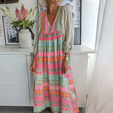 Yeknu Fashion Women Geometric Print Party Dress Sexy V Neck Patchwork Cotton Linen Dress Vintage Spring Puff Long Sleeve Maxi Dresses