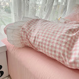 Yeknu Korean Princess Style Lattice Double Layer Lace Bedding Set Soft Quilt Cover Plaid Style Duvet Covers Set Bed Sheet Pillowcases