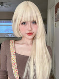 Yeknu 26Inch Blonde Platinum Golden Synthetic Wigs With Bang Long Natural Straight Hair Wig for Women Hime Cut Cosplay Heat Resistant