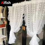 Yeknu 3D White Pompom Embroidery Tulle Modern Striped Sheer Curtains for Living Room Ruffle Design Translucent Voile Window Drapes