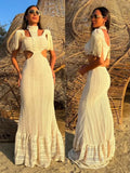 Yeknu Sexy White Lace Women Dress Turtleneck Tassel Sleeve Slim Naked Waist Hollow Out Long Dress Summer Beach Female Knit Robe