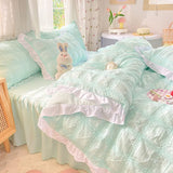 Yeknu Kawaii Princess Seersucker Bedding Set Luxury Solid Color Duvet Cover Bed Sheet Pillowcase Single Double Size For Girl Decor