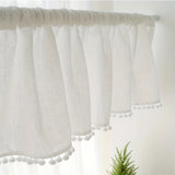 Yeknu 1 Piece Imitation Linen Cross Pattern Lace Cotton Ball Short Curtain Half Curtain Small Curtain Japanese and Korean Style Decorative Curtain for Kitchen Cabinet Restaurant Window Curtain