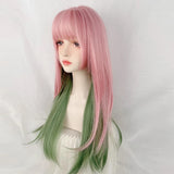 Yeknu Synthetic Long Straight Ombre Pink Green Blend Layered Wig with Bangs Lolita Cosplay Women Hair Wig for Daily Party