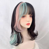 Yeknu Short Wavy Ombre Brown Pink Mixed Wig with Bangs Synthetic Lolita Cosplay Natural Women Fluffy Hair Wig for Daily Party