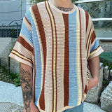 Yeknu Summer New Mens Fashion Knit Pullover Top Male Casual Loose Short Sleeve O Neck Knitted Tee Men Trendy Patchwork Striped T-shirt