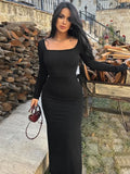 Yeknu 2024 Square Collar High Waist Tunics Bandage Black Dress Women Spring Elegant Bodycon Lace-up Long Party Dresses Streetwear