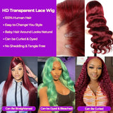 Yeknu Burgundy 99J Body Wave 13x4 Lace Frontal Human Hair Wig 200 Density 13x6 Transparent Lace Frontal Wigs Red Colored Remy Hair