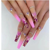 Yeknu 24Pcs Multicolored Line Flower Design False Nails Long Coffin Fake Nails Press on Wearable Ballet Full Cover Nail Tips Manicure