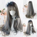 Yeknu 26Inch Silver Gray Highlight Gray Blue With Bang Synthetic Wigs Long Natural Straight Hair Wig for Women Cosplay Heat Resistant