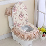 Yeknu lace hem Style Printed Thick toilet Cover 3PCS Zippered Toilet Cover with Drooping Edge Toilet Bathroom Dust Mat Decoration