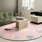 Yeknu Retro Round Living Room Carpets Pink Ethnic Style Bedroom Carpet Crane Flower Girl Room Rug Luxury Art Easy To Care Rugs