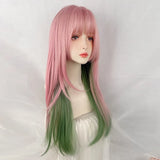 Yeknu Synthetic Long Straight Ombre Pink Green Blend Layered Wig with Bangs Lolita Cosplay Women Hair Wig for Daily Party