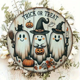 Yeknu 2D Wooden Halloween Three Cute Ghost Broom Spoof Pumpkins 7.9Inch/20cm Round Hanging Sign Wall or Door Decor Wall Art