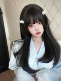 Yeknu 22Inch Black Lolita Hime Cut Synthetic Wigs with Bang Long Natural Straight Hair Wig for Women Daily Use Cosplay Heat Resistant