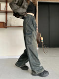 Yeknu Y2K Vintage Cargo Jeans Women Streetwear Denim Cargo Pants Female High Waist Wide Leg Trousers Pocket Loose Casual