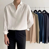 Yeknu Long Sleeve New Thin Drape Casual Shirt for Men Small V-neck Design Men Shirt Summer Loose Korean Solid Color White Shirt Men