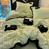 Yeknu Korean Style Bedding Set Green Strip Black Cat Embroidery Washed Cotton  Duvet Cover Cute Cardboard  Bed linen Comforter Sets