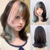 Yeknu Short Wavy Ombre Brown Pink Mixed Wig with Bangs Synthetic Lolita Cosplay Natural Women Fluffy Hair Wig for Daily Party