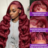 Yeknu Burgundy 99J Body Wave 13x4 Lace Frontal Human Hair Wig 200 Density 13x6 Transparent Lace Frontal Wigs Red Colored Remy Hair