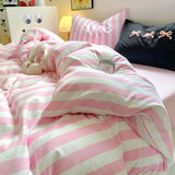 Yeknu Korean Bedding Set INS Girls Striped  Soft Washed Cotton Bed Sheet Set Queen King Size Comforter Set Pillowcase Bed Linens