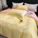 Yeknu New High-End Simple and Light Luxury Skin-Friendly Cotton Four-Piece Set Simple Embroidery Bedding Lily