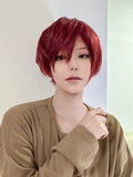 Yeknu 8Inch Wine Red Color Handsome Synthetic Wigs With Bang Short Straight Hair Wig For Man or Women Daily Use Cosplay Heat Resistant