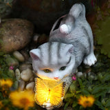 Yeknu 1PC LED Solar Resin Cat Butterfly Decorative Garden Lights Garden Ornaments Light Sculptures Outdoor Animal  Desk Decoration