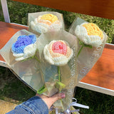 Yeknu Finished Knitting Crochet Flowers Wedding Bridal Artificial Flower Bouquet Valentine's Day Gift Hand-Knitted Woven Rose Flower