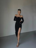 Yeknu Long Sleeve Lace Up Off Shoulder Split Long Dress For Women Summer New High Waist Slim Mid Length Dresses 7MM5