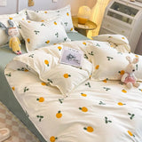 Yeknu - Ins Style Duvet Cover Set with Flat Sheet Pillowcases Cute Orange Cherry Crow Printed Single Double Queen Size Girls Bedding Kit