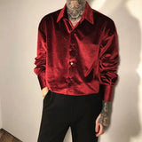 Yeknu Spring New Arrival Wine Red Velvet Shirts for Men High-end Niche Luxury Solid Color Lapel Buttons Long Sleeve Drape Mens Shirts