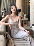 Yeknu Summer New Women Elegant Spaghetti Strap Long Dress French Style Sexy Slim Prom Evening Party Dresses Korean Fashion Clothing