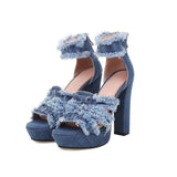 Yeknu Sexy High-heeled Jean Sandals Women Platform Tassel Fringe Denim High Heels Zipper Sandals for Summer Ladies