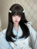 Yeknu 22Inch Black Lolita Hime Cut Synthetic Wigs with Bang Long Natural Straight Hair Wig for Women Daily Use Cosplay Heat Resistant