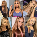 Yeknu Highlight 13X6 Lace Frontal Wig Human Hair Colored 13X4 HD Lace Front Wigs P4/27 Brazilian Preplucked Straight Human Hair Wigs