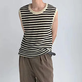 Yeknu Korean Clothes Sleeveless Knitted Sweater Vest Male Striped Hollow Summer Loose Casual Harajuku Niche Design Pullover Men's Vest