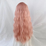 Yeknu Synthetic Long Wavy Curly Pink Wig with Bangs Lolita Cosplay Women Fluffy Hair Heat Resistant Wig for Daily Party