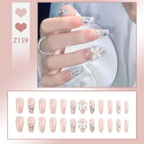 Yeknu 24pcs/box Fake Nails Press on Reusable with Designs Set French Artificial Aurora Diamond False Tipsy Stick-on Nails Tips Art