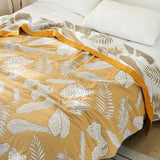 Yeknu Textile City Patterned Leaves Yellow Cotton Gauze Throw Blanket 5-layer Gauze Towel Quilt Soft Comfy Home Blanket 200x230cm